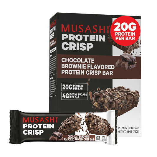MUSASHI Protein Crisp Bar, 20g Protein, 4g Total Sugars, Chocolate Brownie, Post Workout and Snack On The Go, 12 Pack of 2.1oz (60g) Bars