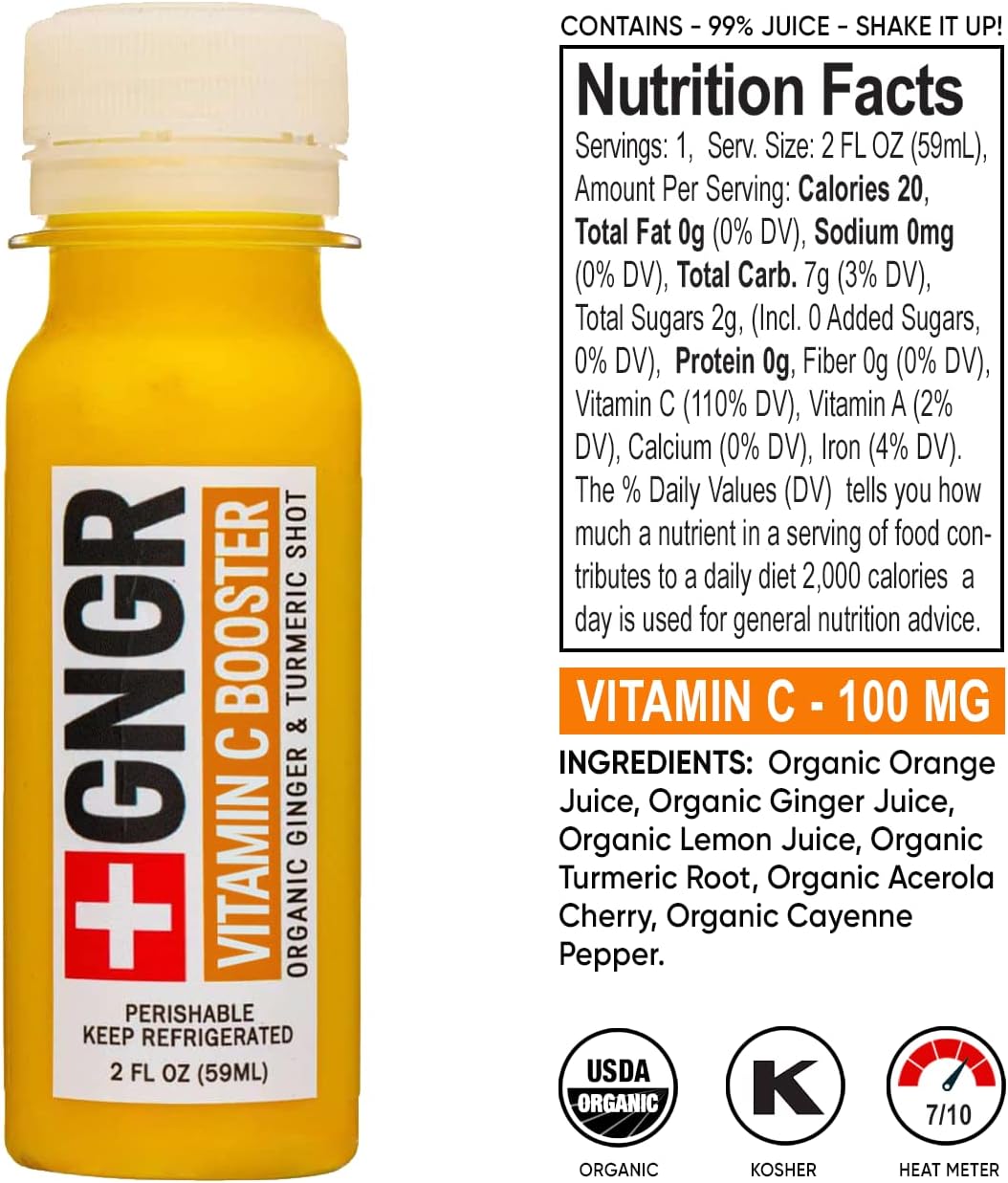 +GNGR 24 Shots Variety Pack of Organic Immunity Boosting Ginger Shots - Cold Pressed Ginger Shots for All Natural Digestive and Immune Support - Nothing Artificial - USDA Organic (2 Fl Oz, 24 Pack)