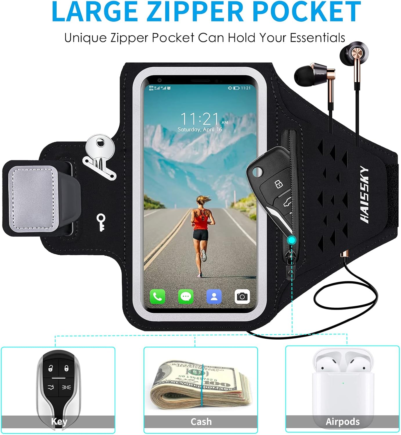 Running Armband with Earphone Bag Cell Phone Armband for iPhone 16 15 Pro 14 Plus 13 11 XR XS, Galaxy S24/S10 Water Resistant Sports Phone Holder Case & Zipper Slot Car Key Holder for 6.9 inch Phone