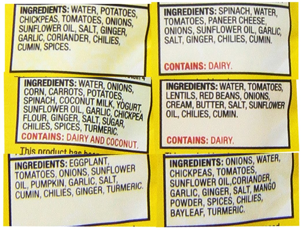 Tasty Bite Variety, Pack of 6, Bombay Potatoes, Kashmir Spinach, Punjab Eggplant, Channa Masala, Madras Lentils, Vegetable Korma