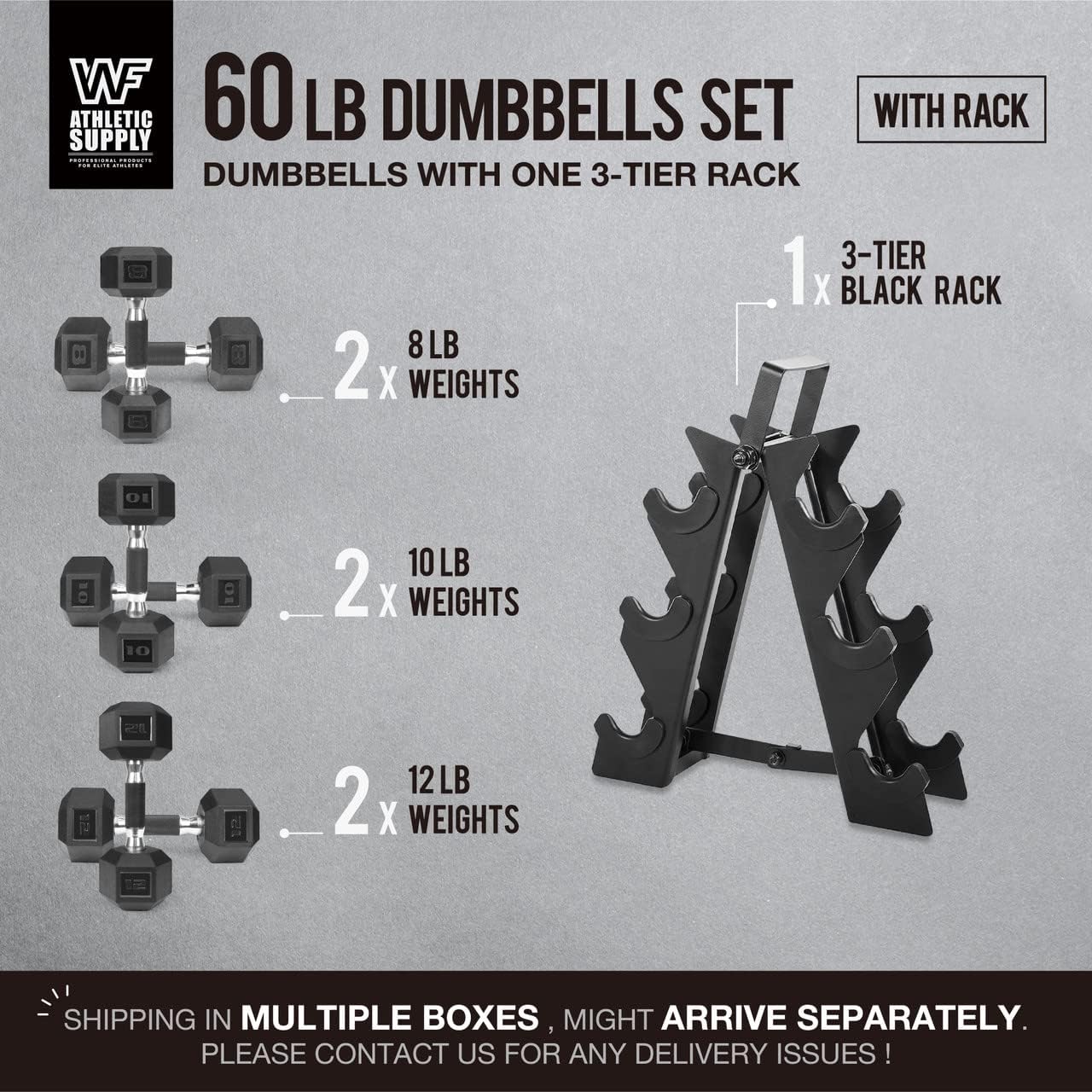 WF Athletic Supply Rubber Encased Hex Dumbbells with Rubber Grip Contoured Handle for Muscle Toning, Strength Building & Full Body Workout