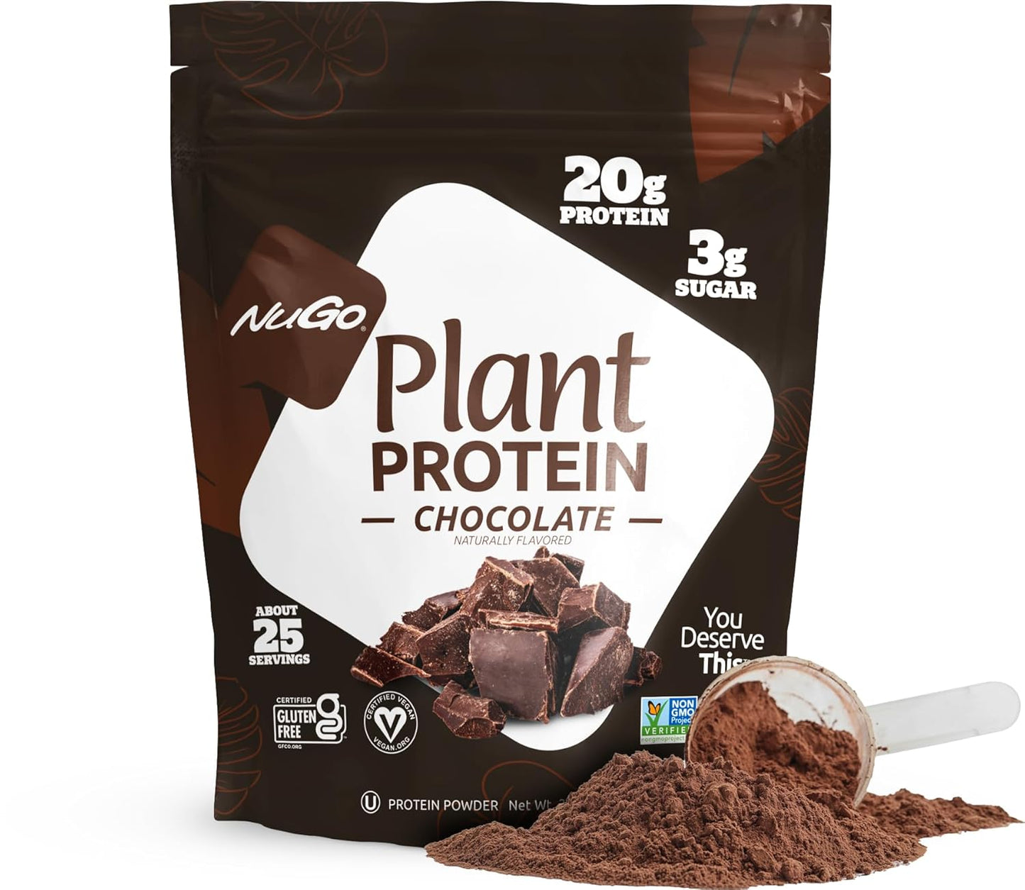 NuGo Plant Protein Powder, Chocolate, 20g Vegan Pea Protein, Low Sugar, Gluten Free, Dairy Free Ingredients, Soy Free, Non-GMO, Plant Based, Kosher, For Smoothies & Shakes, 25 Servings