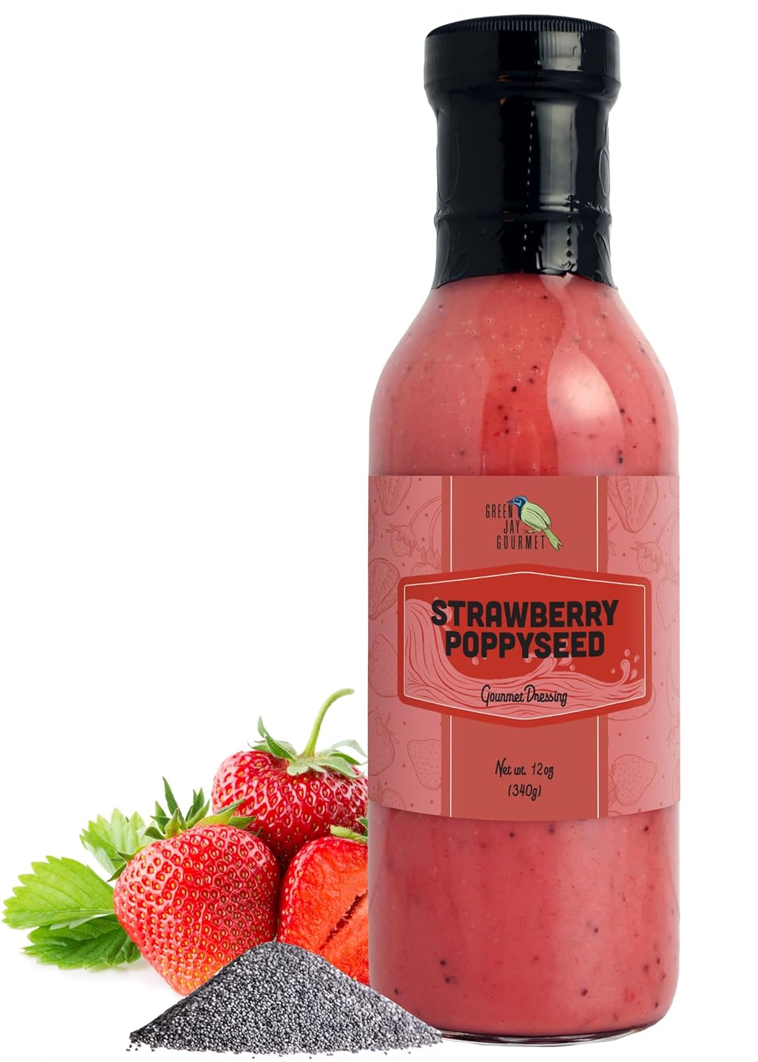 Green Jay Gourmet Strawberry Poppyseed Salad Dressing – Sweet & Fruity with a Hint of Tang – Handcrafted in USA – Great for Salads, Glazes & Marinades – 12 Ounces
