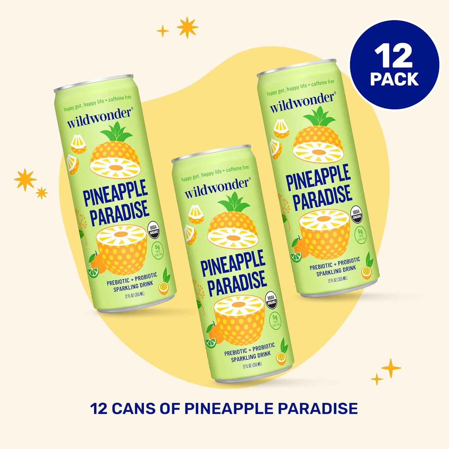 wildwonder Sparkling Probiotic Drink 12pk, For Gut Health & Immune Support, Pineapple Paradise, 5g Prebiotic Fiber, Live Probiotics, Organic, Vegan, Low Sugar, 12 Pack, 12oz Can, As Seen on Shark Tank