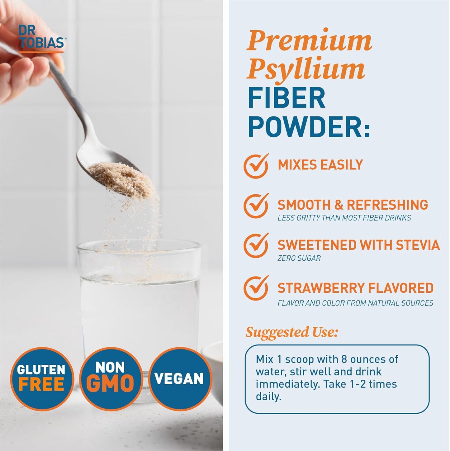 Dr. Tobias Colon Everyday Health - Gut Health for Women & Men - Psyllium Fiber Powder Drink with 4g Psyllium Husk Powder per Serving, Vegan, Gluten Free, Non-GMO, Strawberry Flavor, 60 Servings