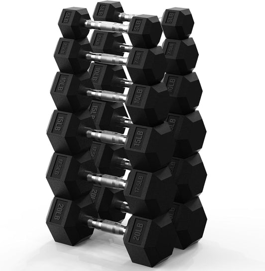 PAPABABE Hex Dumbbell Set 45-550 lb, Rubber Encased Home Gym Dumbbells, Weights Dumbbells for Women & Men, Hand Weight for Strength Training