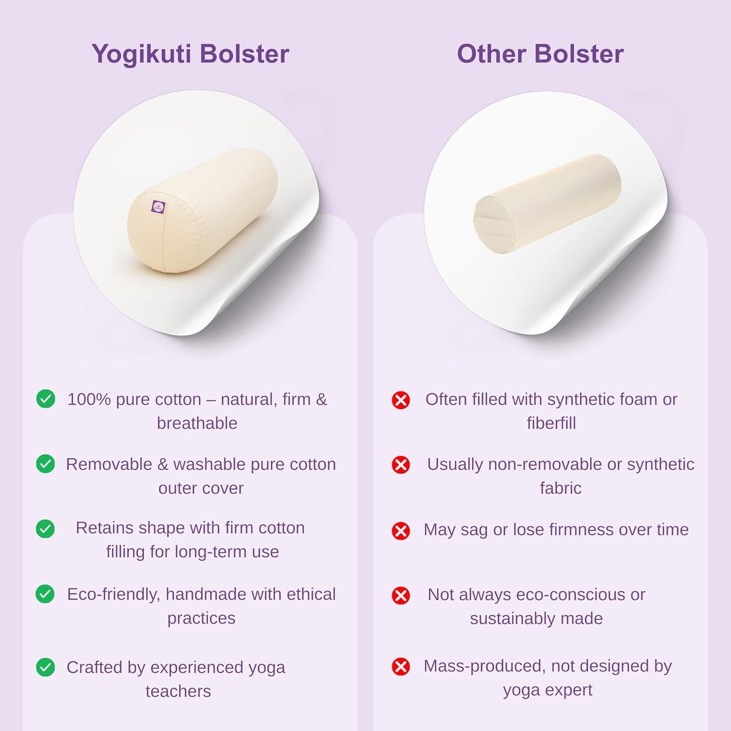 Yogikuti Iyengar Yoga Bolster Pillow for Restorative Yoga & Meditation Poses – 100% Cotton, Firm & Durable Cylindrical Cushion with Washable Cover, Perfect for Balance & Supportive Asanas (White)