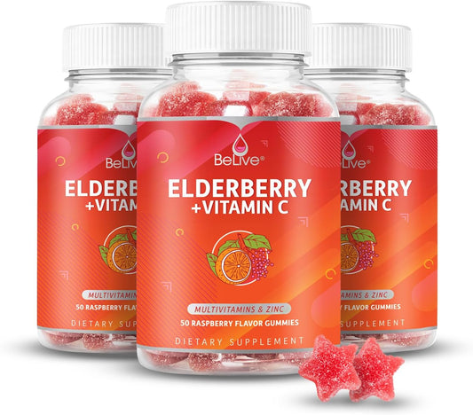 BeLive Elderberry Gummies with Zinc and Vitamin C - Immune Support Supplement with Vitamin D, A, E, B12 - Gummies for Healthy Bones & Teeth, Vegan, Keto & Non-GMO - Raspberry Flavor | 3-Pack
