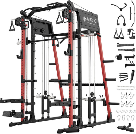 Mikolo Smith Machine, 2200lbs Squat Rack with LAT-Pull Down System & Cable Crossover Machine, Training Equipment with Leg Hold-Down Attachment