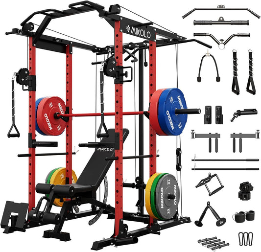 Mikolo Power Cage, Power Rack with Cable Crossover System, 1500LBS Squat Rack with LAT Pull Down System, Workout Cage with Pulley System for Fitness Home Gym