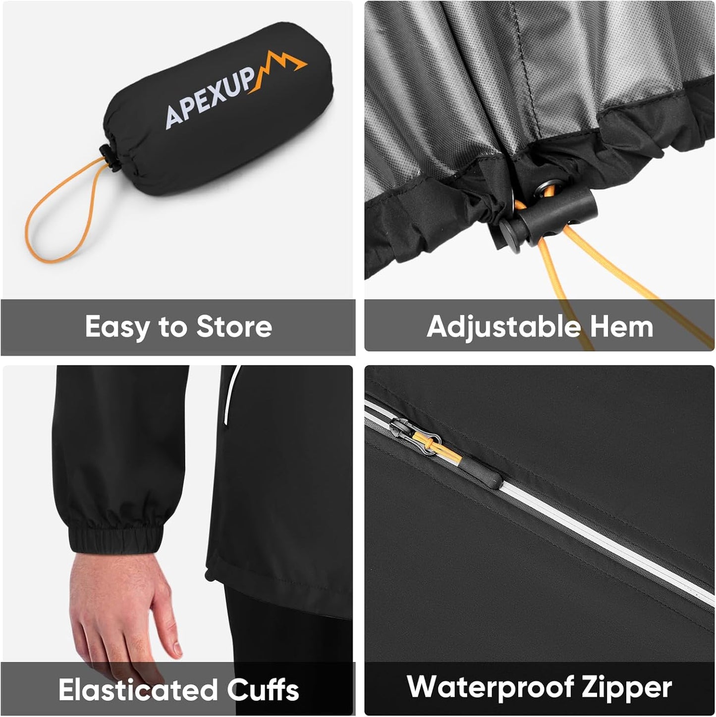 APEXUP Packable Rain Jacket Men with Reflective Zipper, Lightweight Waterproof Raincoat, Mens Rain Jacket for Outdoor Sports