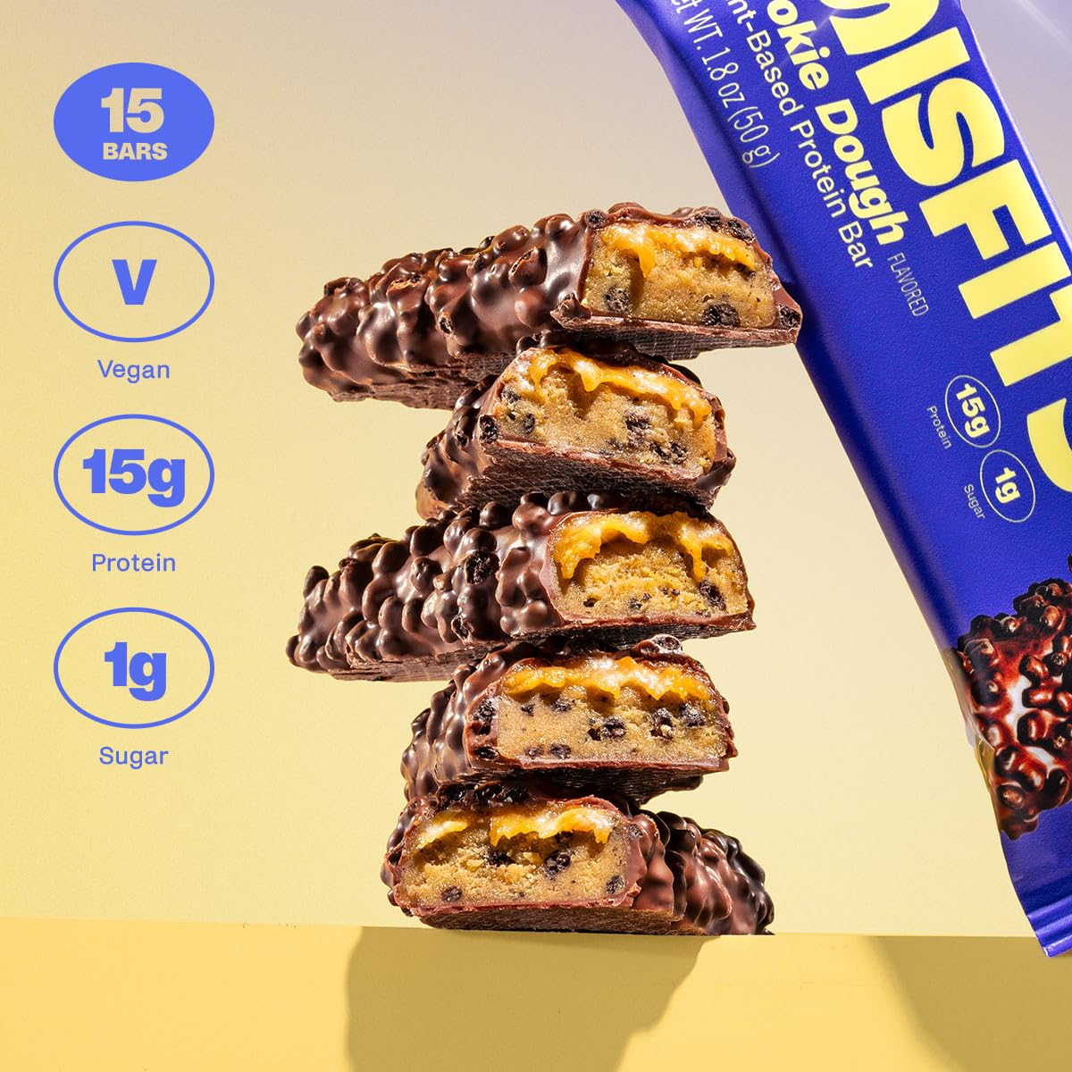 Misfits Vegan Protein Bars, Cookie Dough - Updated Recipe | Plant Based, Low Sugar & Carb, High Fiber Snacks | Pack of 15