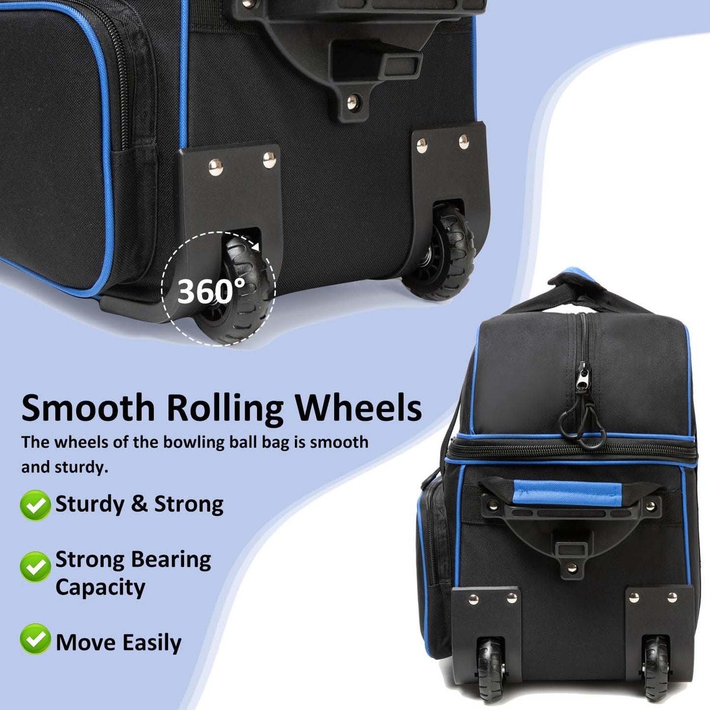 Bowling Bag with Wheels Double Roller 2 Ball Bowling Separate Shoe Compartment and Oversized Accessory Pocket, 36.6" Extendable Handle.