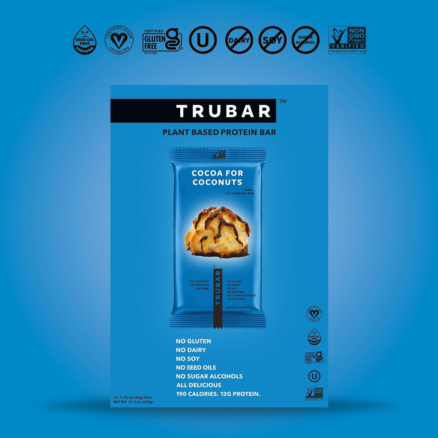 TRUBAR Vegan Protein Bar, Cocoa For Coconuts, Gluten Free, Plant Based Protein, Dairy Free, Non GMO, Soy Free, No Sugar Alcohols, 12G Protein, 12G Fiber, 23G Carb, On the Go Snack Bars, 12ct