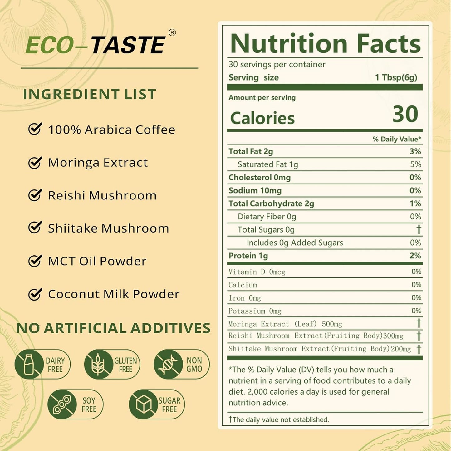 Moringa Mushroom Coffee Infused with Reishi, Moringa & Shiitake - 30% Beta-Glucans, Nutrient-rich and Antioxidants - 6.35oz (180g)