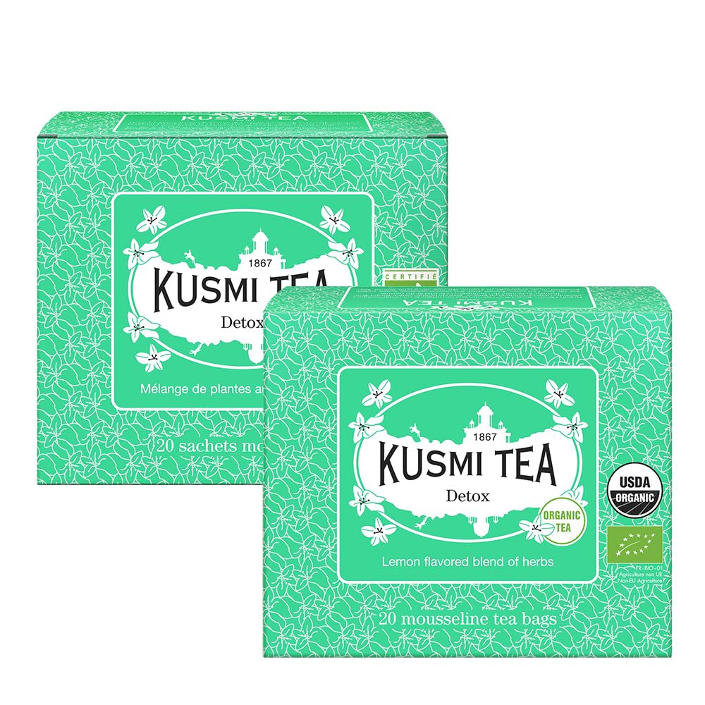 Kusmi Tea - Pack of 2 Boxes of Tea Bags - Detox - Organic Blend of Green Tea, Mate & Lemon - Lemongrass, Rose Hip and Lemon Flavours - Enjoy Hot or Iced - 2x20 Tea Bags
