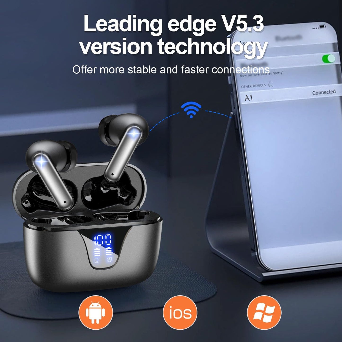 ZIUTY Wireless Earbuds Bluetooth Headphones, 50H Playtime Ear Buds with Mic, LED Digital Display Charging Case, IPX7 Waterproof, Deep Bass Stereo, in-Ear Earphone for iPhone Andriod Phone