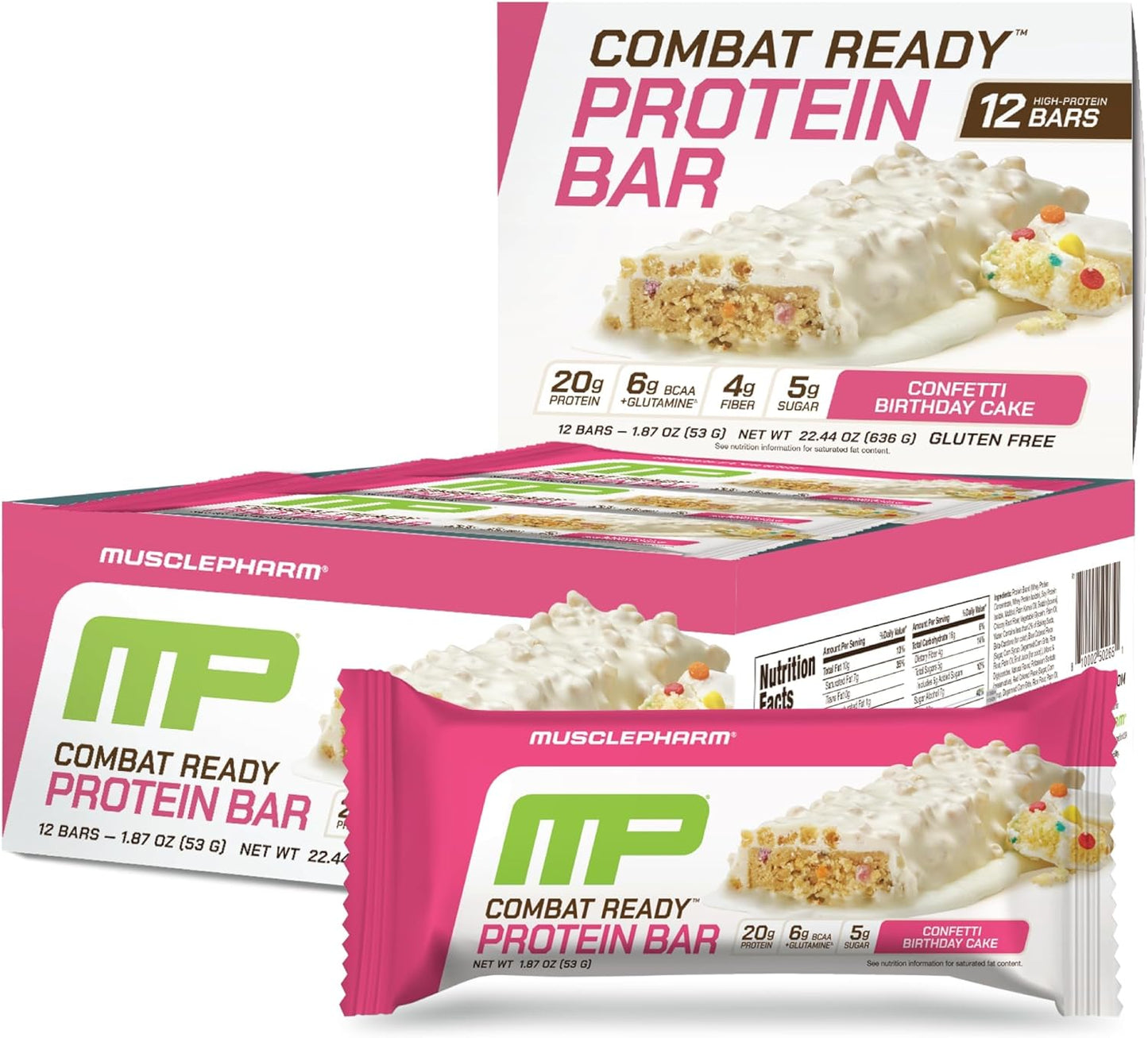 MusclePharm Combat Ready Protein Bar, Confetti Cake High Protein Bars, Combat Cravings, Fuel Performance & Meet Energy Demands, 20g Protein from Whey Protein, 4g Fiber, Gluten Free, 12 Bars