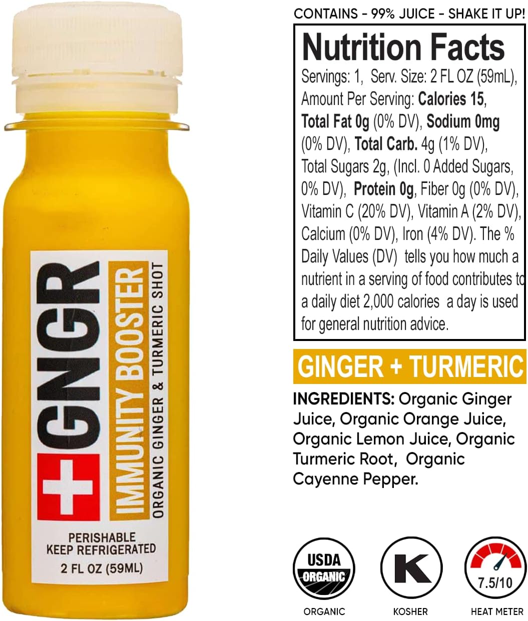 +GNGR 24 Shots Variety Pack of Organic Immunity Boosting Ginger Shots - Cold Pressed Ginger Shots for All Natural Digestive and Immune Support - Nothing Artificial - USDA Organic (2 Fl Oz, 24 Pack)