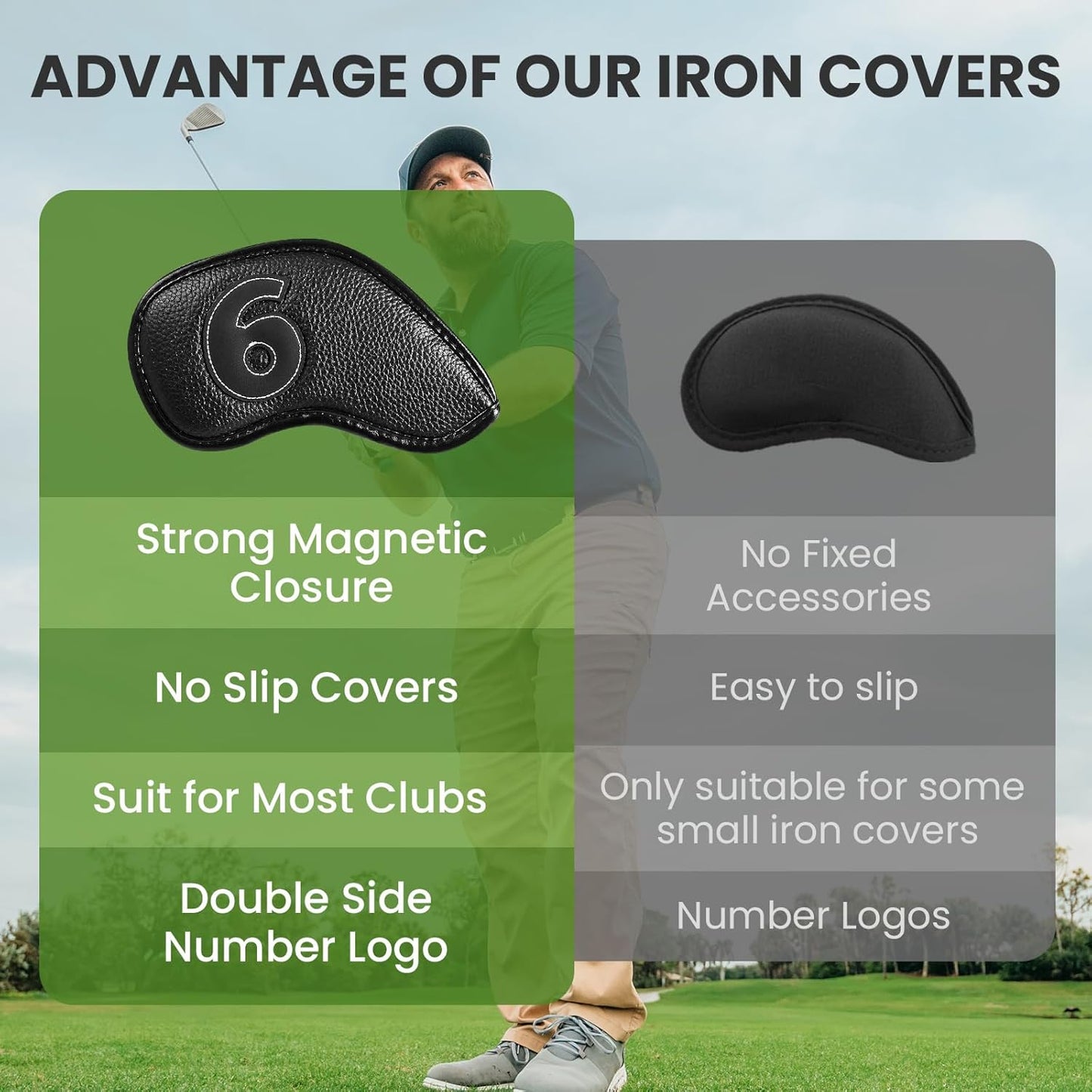 Golf Iron Covers Set Strong Magnetic Closure Value 10 Pack, Double Side Number Synthetic Leather Deluxe Club Headcover, Universal Head Cover Fit Main Irons Clubs for Women Men