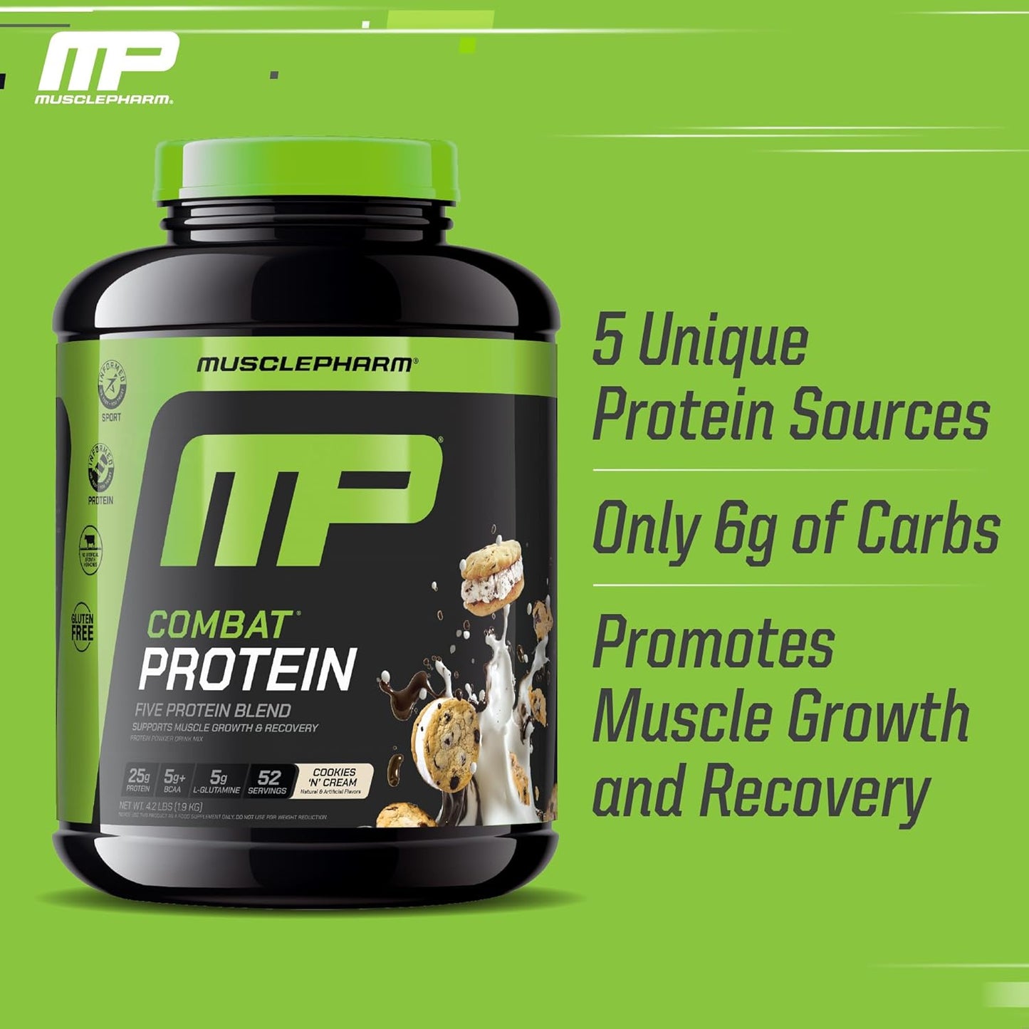 MusclePharm Combat Protein Powder, Cookies ‘N’ Cream Flavor, Fuels Muscles for Productive Workouts, 5 Protein Sources including Whey Protein Isolate & Egg Albumin, Gluten Free, 4 lb, 52 Servings