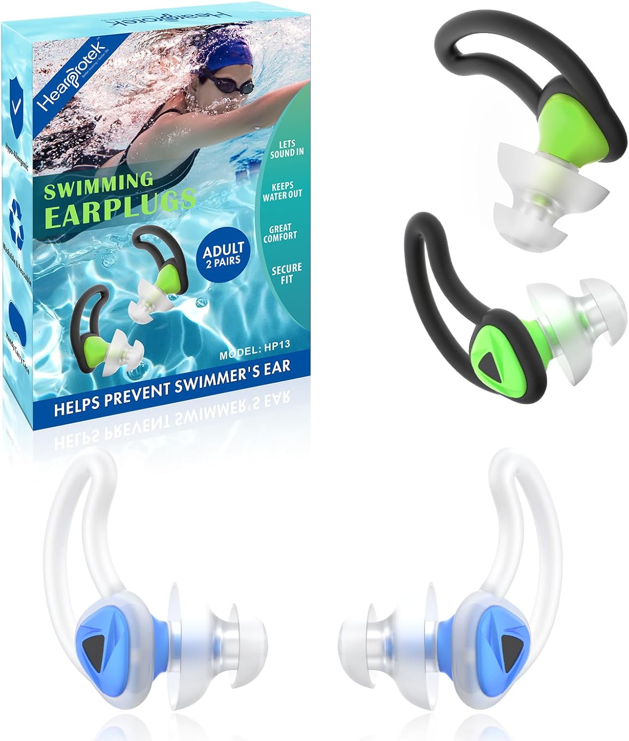 Hearprotek Swimmer Ear Plugs, [2 Pairs] Custom-fit Water Protection Adult Swimming earplugs for Swimmers Pool Shower Bathing and Other Water Sports(Blue&Green)