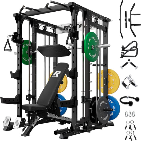 RitFit Buffalo Smith Machine, Power cage with LAT-Pull Down System & Cable Crossover System, All-in-One Squat Rack for Home Gym, Power Rack