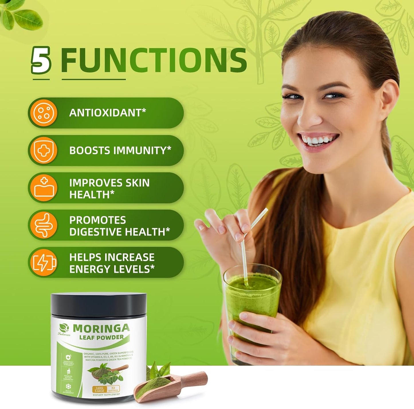 Organic Moringa Powder & Matcha Powder, Multi-Green Superfoods with Green Tea Resveratrol - Energy and Digestive Support, Rich in Antioxidants and Vitamin A D3 E B6 B12 Calcium, Non-GMO, Vegan, 5.6 oz