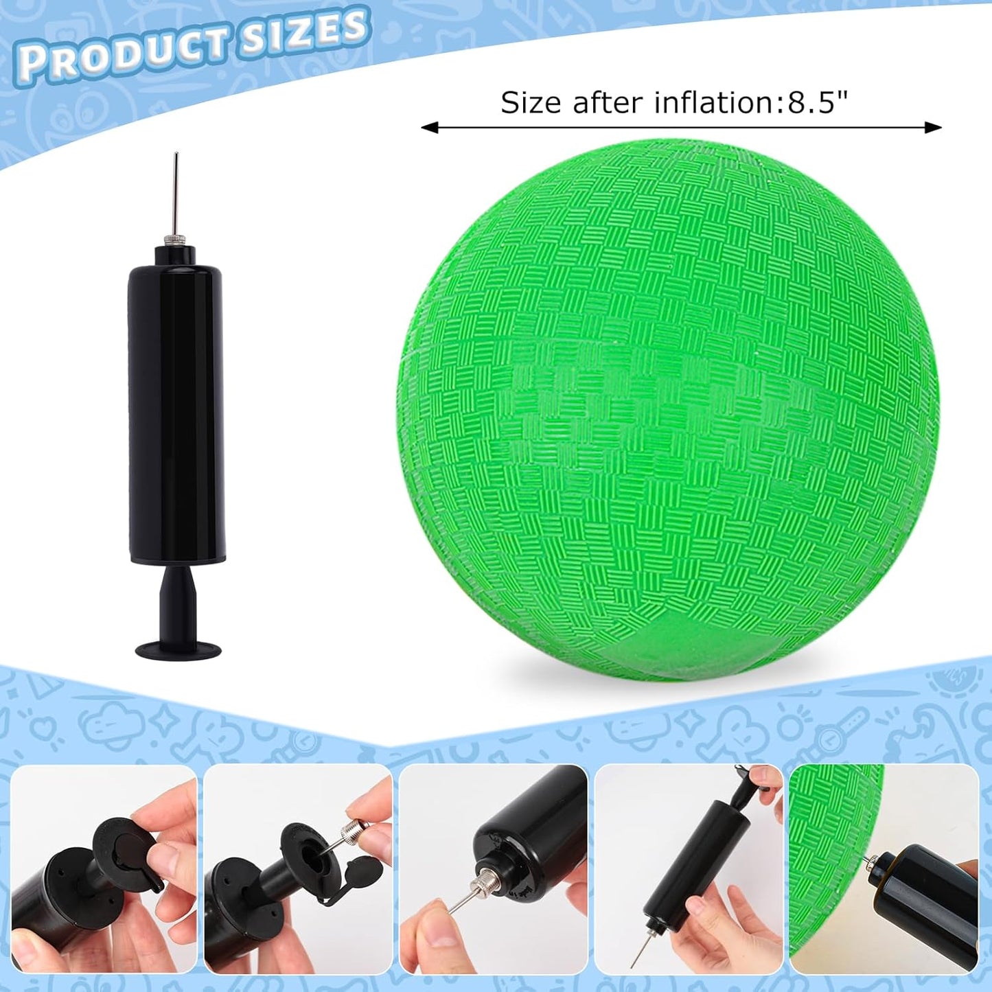 LovesTown Inflatable Playground Ball, 8.5 Inch Dodgeballs Kickballs with Air Pump, for 4 Square Ball Games, Sports Toys, Green