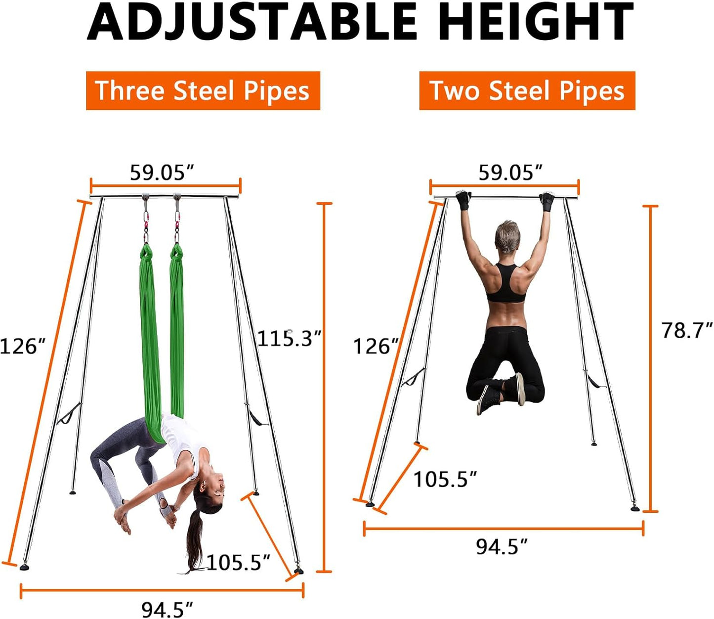 TECSPEC 9.6 FT/115.3 Inch Adjustable Height Aerial Yoga Frame & Hammock, Professional Swing Stand with 18 FT/33FT Aerial Silk, 550lbs Max Capacity