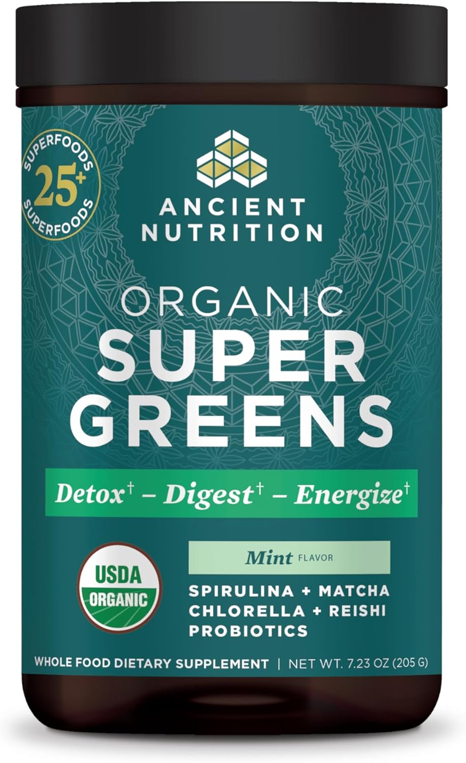 Ancient Nutrition SuperGreens Powder with Probiotics, Organic Peppermint Flavor Greens, Made from Real Fruits, Vegetables and Herbs, for Digestive and Energy Support, 25 Servings, 7.23oz