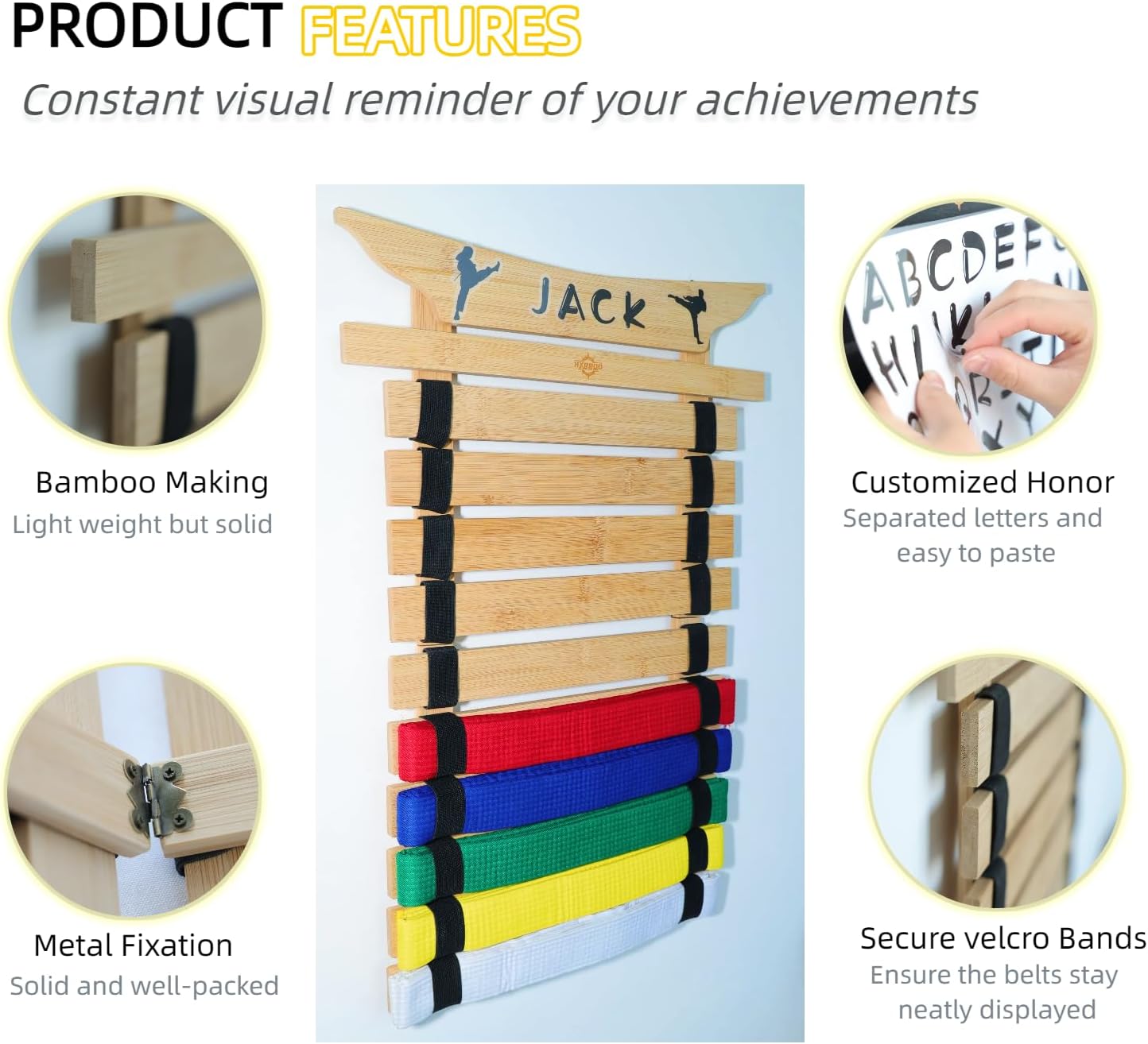 Martial Arts Belt Display Rack, Wooden Wall Mount, Karate and Taekwondo Belt Holder