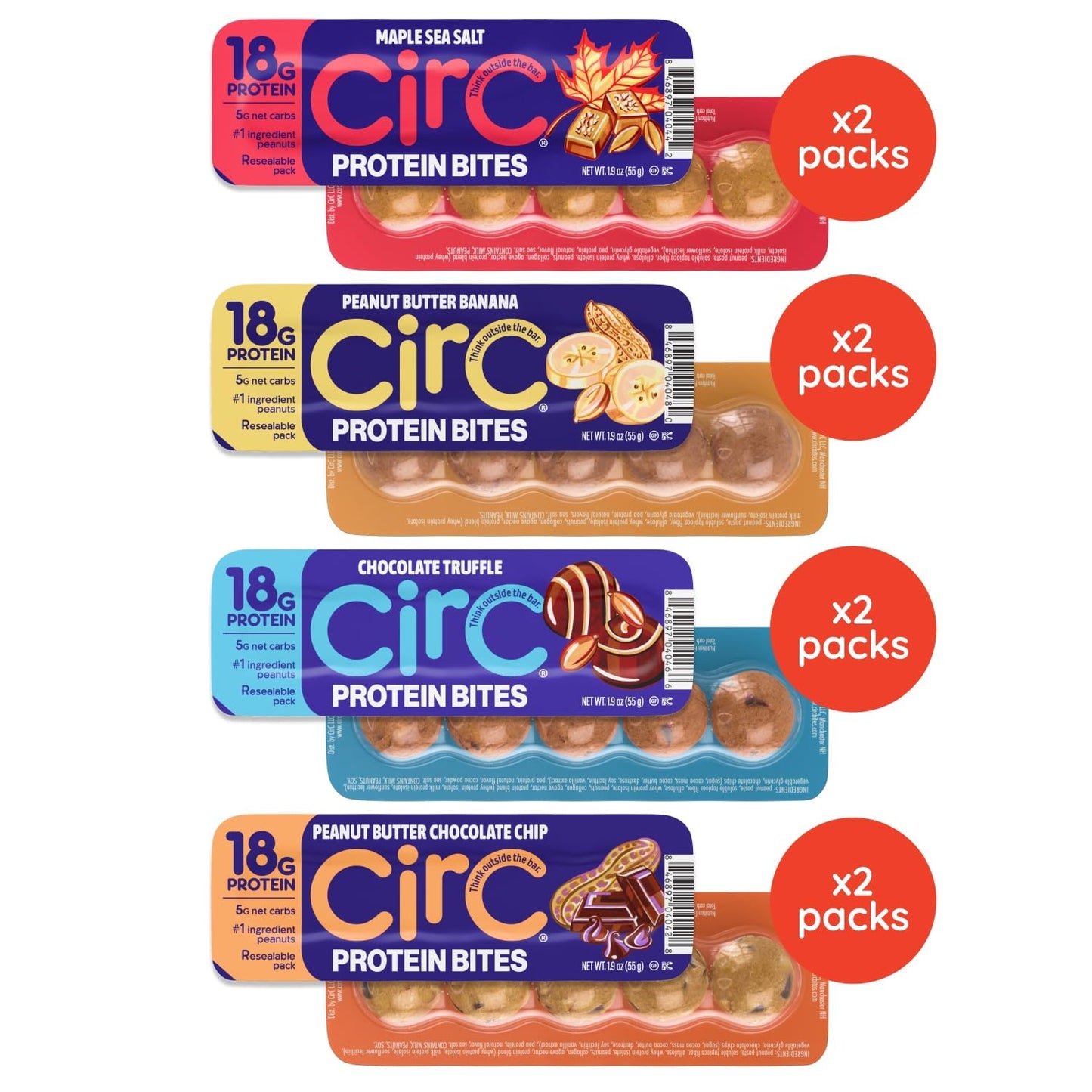 CirC Protein Bites - 8 Count Variety Mix High Energy Balls - 18g of protein 4g of Collagen, 5g of net carb, Whey & Peanuts - Portable Healthy Snacks in 5-Piece Resealable Packs