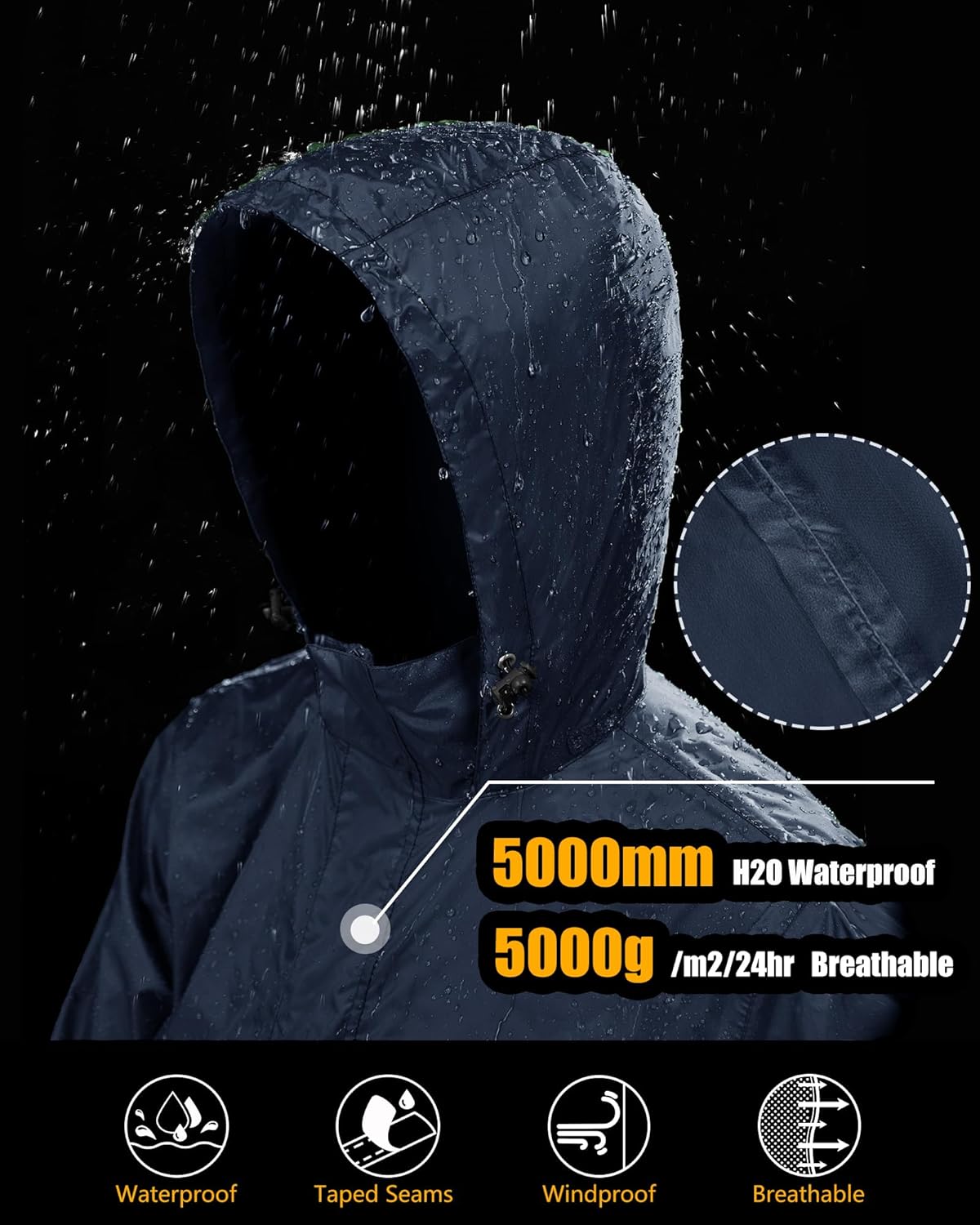 33,000ft Men's Pullover Rain Jacket Waterproof with Hood Lightweight Packable Raincoat Windbreaker for Golf Travel