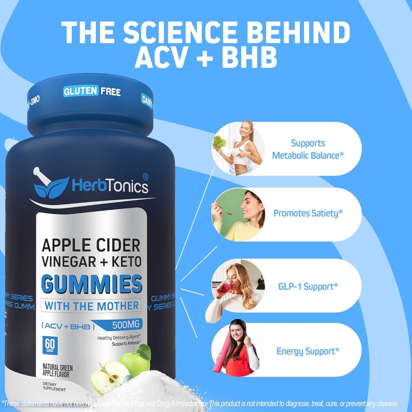 Herbtonics Keto Apple Cider Vinegar Gummies | Digestion & Detox | GLP-1 Support | Sugar Free BHB Advanced Formula for Keto Support - Raw ACV with The Mother - 60 Vegan ACV Gummies