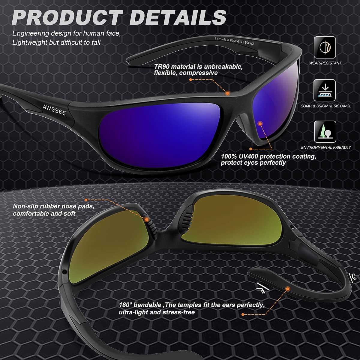 Polarized Sports Sunglasses for Men,TR90 Unbreakable Frame Sunglasses for Fishing Driving Cycling UV400 Protection