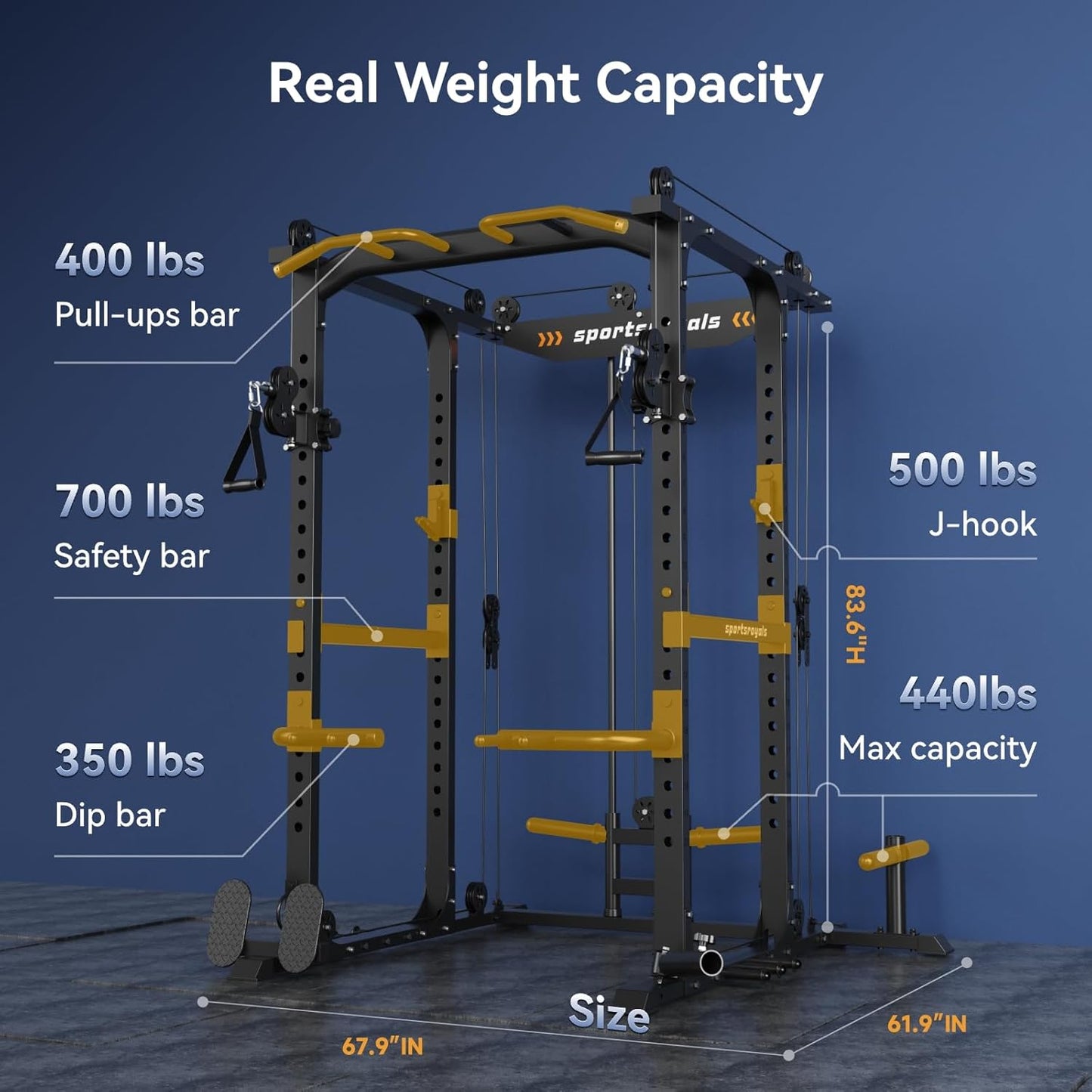 Sportsroyals Power Cage,1600lbs Multi-Function Power Rack with Adjustable Cable Crossover System and More Training Attachment, Weight Cage for Home Gym