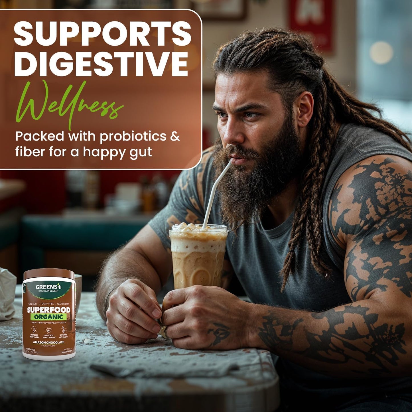 Greens+ Plus Organic Superfood Amazon Chocolate, Boost Energy, Essential Blend of Raw Foods, Non GMO, Gluten Free, USDA Organic and Vegan Powder, 8.46 oz