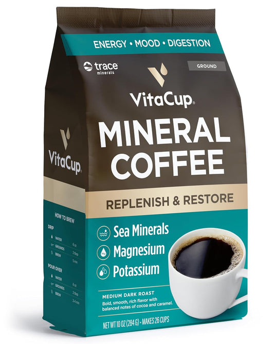VitaCup Mineral Coffee with Trace Minerals, Hydrate, Replenish & Restore w/All Natural Sea Minerals, Electrolytes, Organic Coffee, Single Origin, Medium Dark Roast, Ground Coffee 10oz