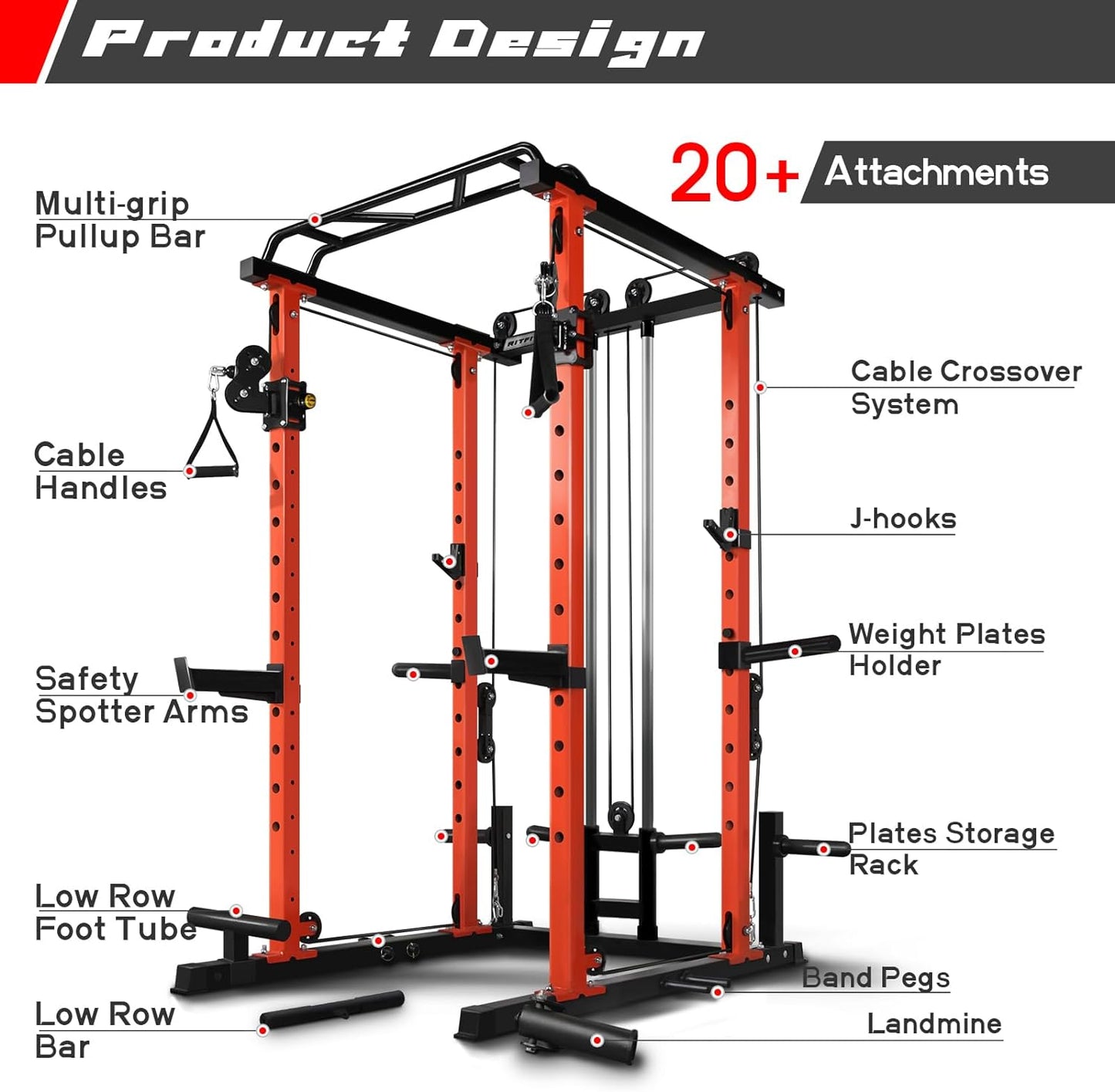 RitFit Power Cage with Optional LAT PullDown/Cable Crossover, 1000LB Squat Rack for Home & Garage Gym, with Weight Storage Rack and More Training Attachments, ASTM-Certified