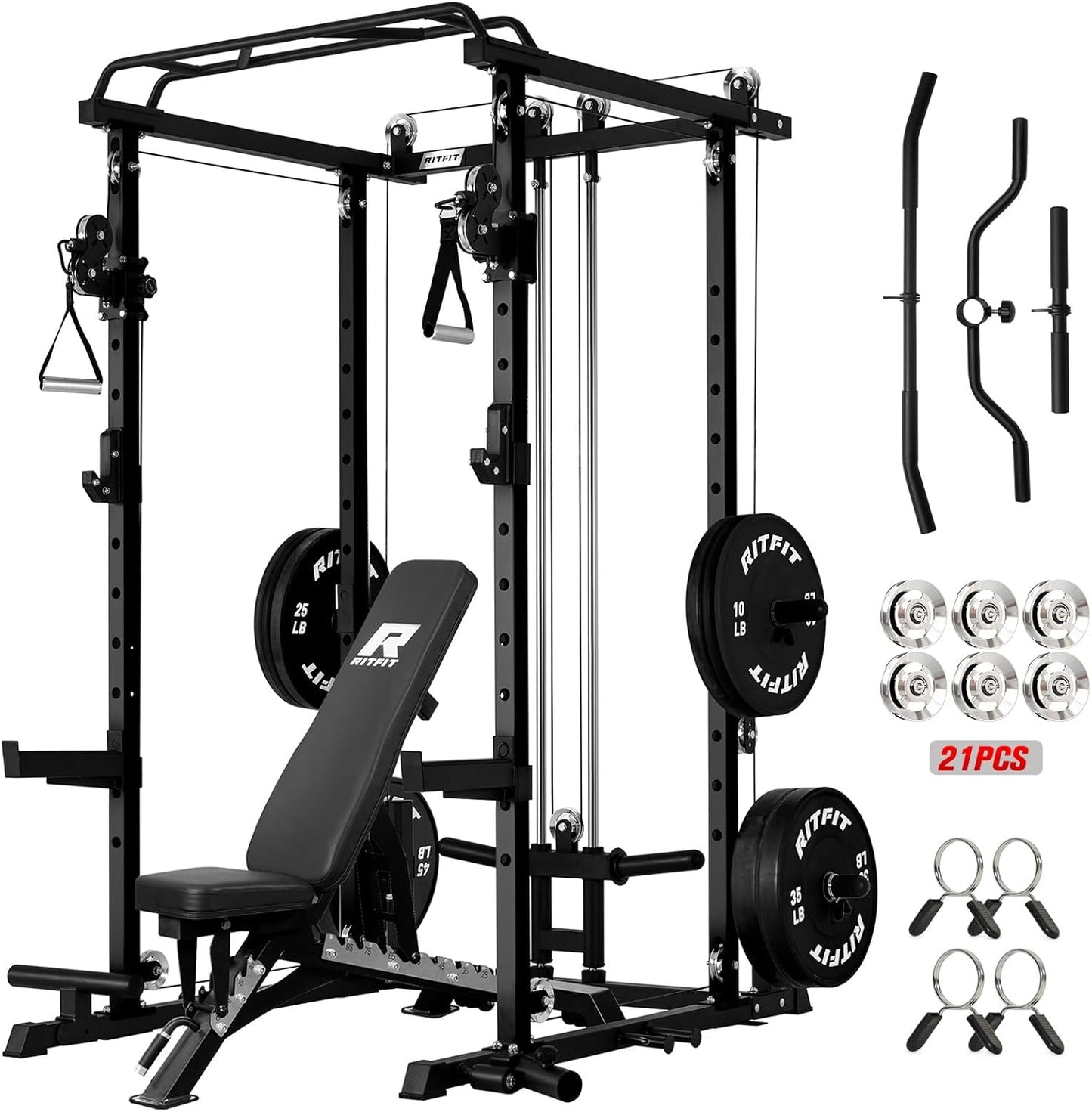 RitFit Power Cage with Optional LAT PullDown/Cable Crossover, 1000LB Squat Rack for Home & Garage Gym, with Weight Storage Rack and More Training Attachments, ASTM-Certified