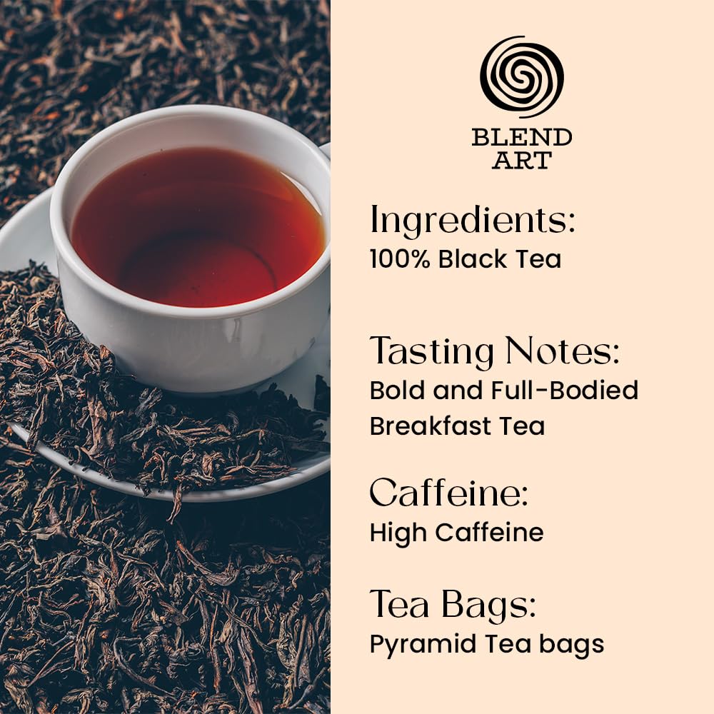 Blendart English Breakfast Black Tea Bags 50 Count Premium Whole Loose Leaf Caffeinated, Smooth, Flavour Robust Black Pyramid Tea Bags Long leaf Tea bags| Strong Robust British Tea