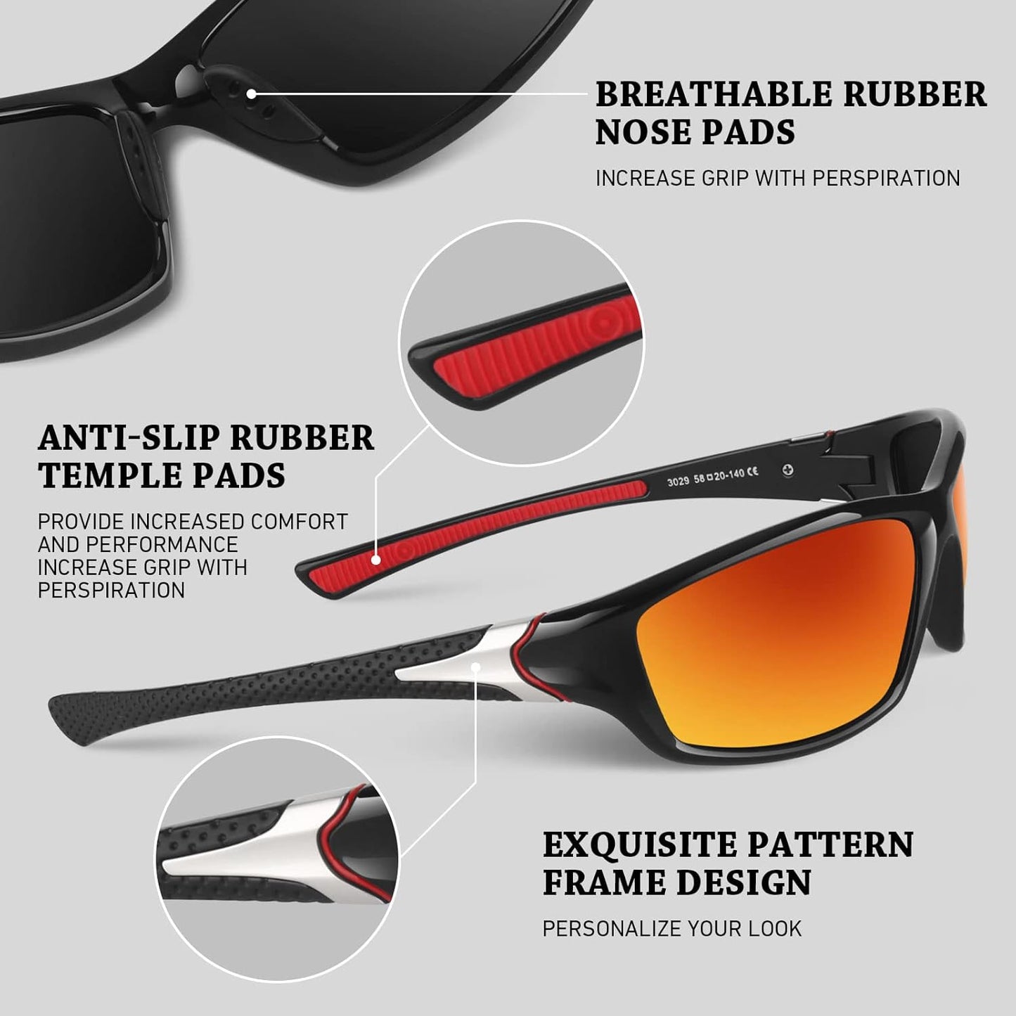 Polarized Sports Sunglasses for Men Women,Fishing Driving Rectangular Goggles UV400 Protection