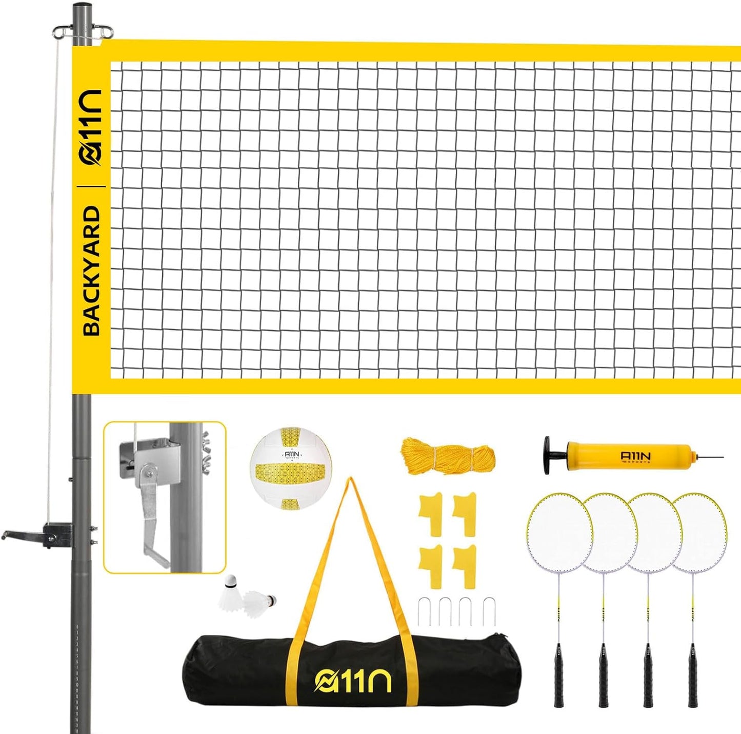 A11N Outdoor Volleyball and Badminton Combo Set - Includes Adjustable Height Anti-Sag Net, Volleyball, Air Pump, 4 Badminton Rackets, 2 Shuttlecocks, Boundary Line Marker, and Carrying Bag