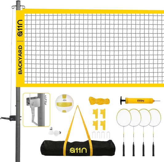 A11N Outdoor Volleyball and Badminton Combo Set - Includes Adjustable Height Anti-Sag Net, Volleyball, Air Pump, 4 Badminton Rackets, 2 Shuttlecocks, Boundary Line Marker, and Carrying Bag