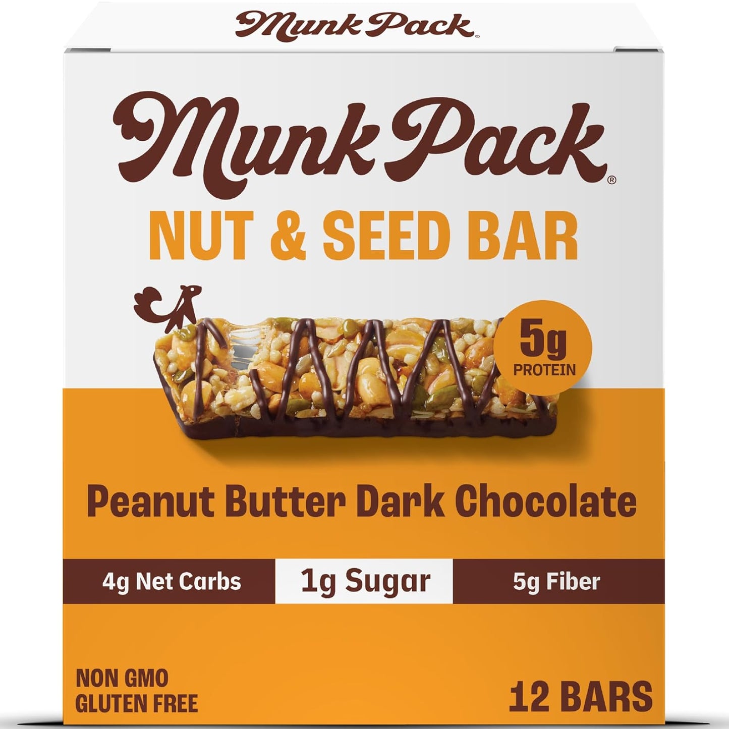 Munk Pack Nut & Seed Snack Bars - 5g Protein, 1g Sugar, 3g Net Carbs, Low Sugar, Keto, and Gluten Free Snack for Adults and Kids, Peanut Butter Dark Chocolate – 4.92 oz, 12 Pack