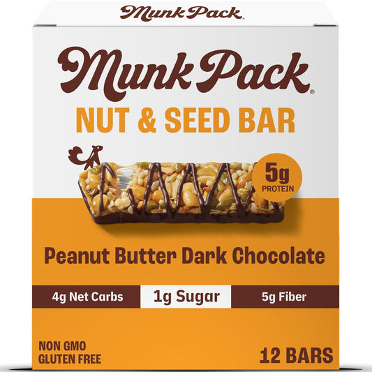 Munk Pack Nut & Seed Snack Bars - 5g Protein, 1g Sugar, 3g Net Carbs, Low Sugar, Keto, and Gluten Free Snack for Adults and Kids, Peanut Butter Dark Chocolate – 4.92 oz, 12 Pack