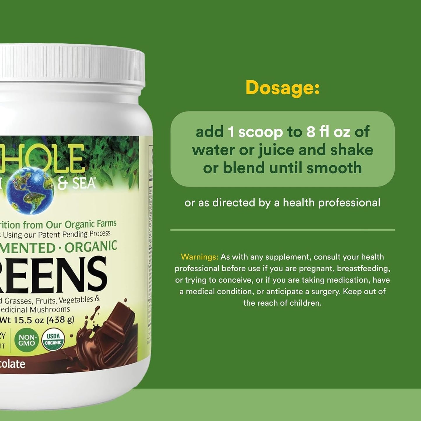 Whole Earth & Sea from Natural Factors, Organic Fermented Greens, Vegan Whole Food Supplement, Chocolate, 15.5 Oz