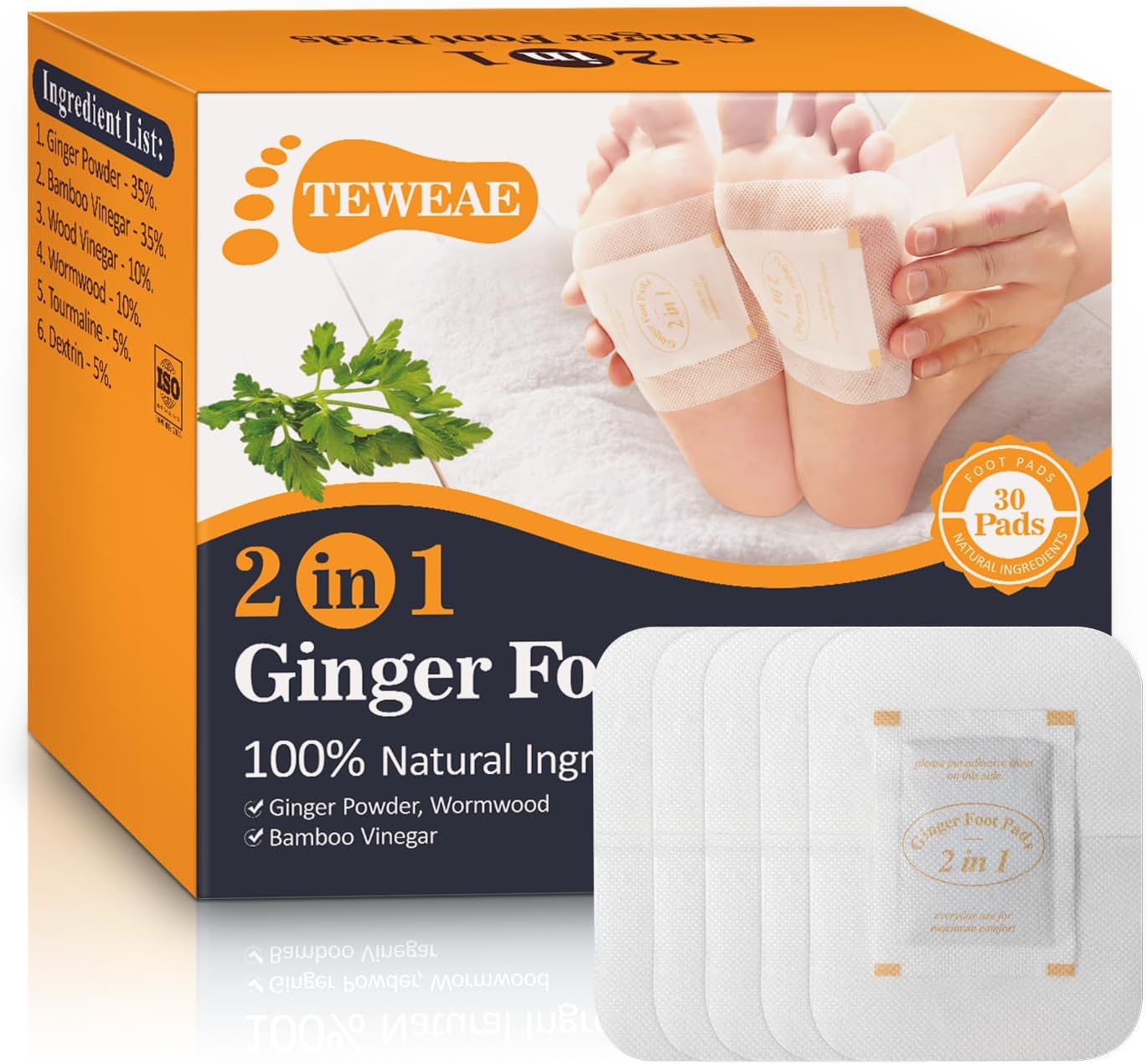 2 in 1 Foot Pads, Tear and Use Ginger Wormwood with Pure Natural Ginger Powder Bamboo Vinegar Wormwood, Bigger Adhesive ''Stay in Place'' All Night, 30 Pads