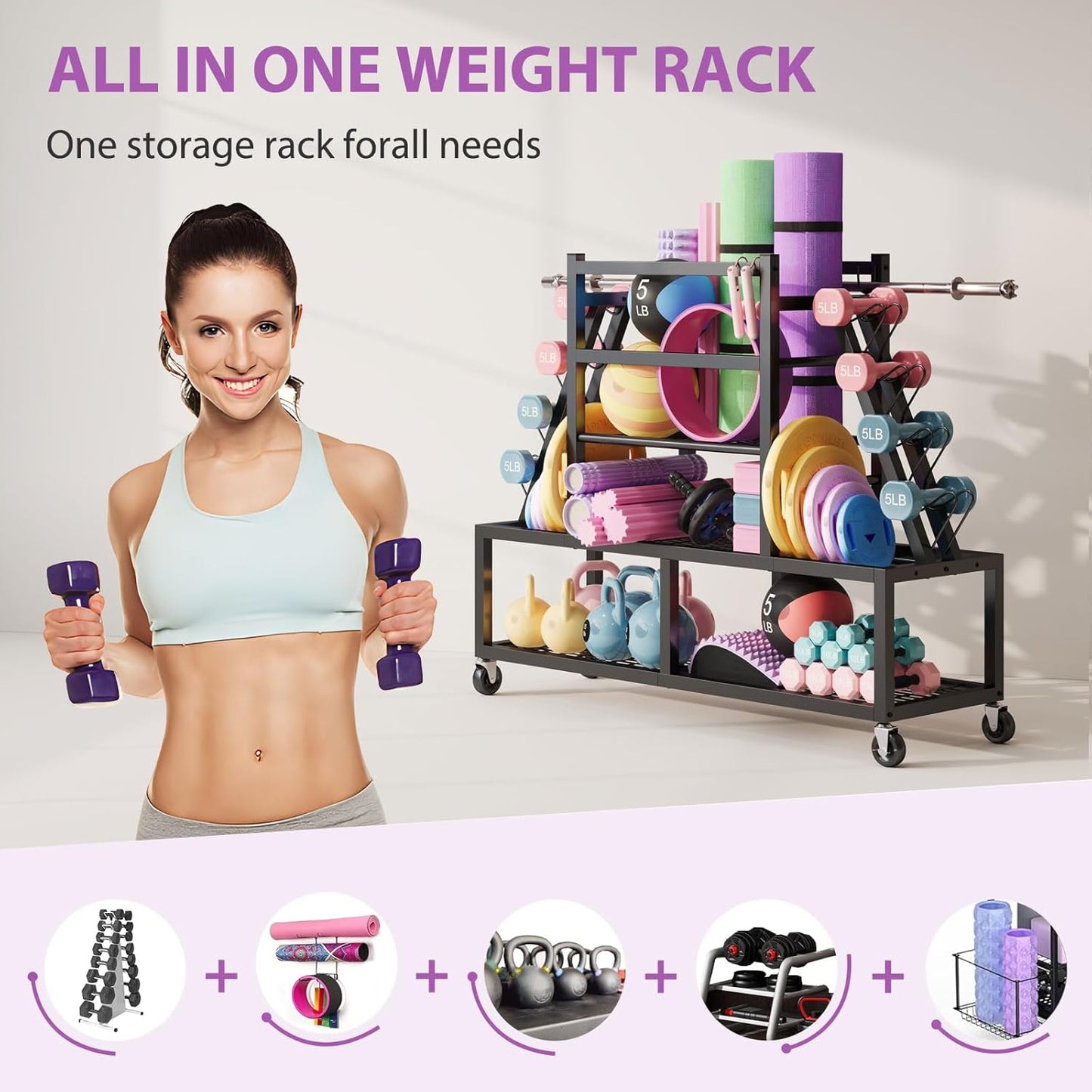 Dumbbell Rack Weight Rack Storage-Large Dumbbells Rack Home Gym Storage,Multilevel Workout Storage Organizer with Wheels and Barbell Holder,Perfect for Yoga Mat Balls Kettlebells and Fitness Gear,black